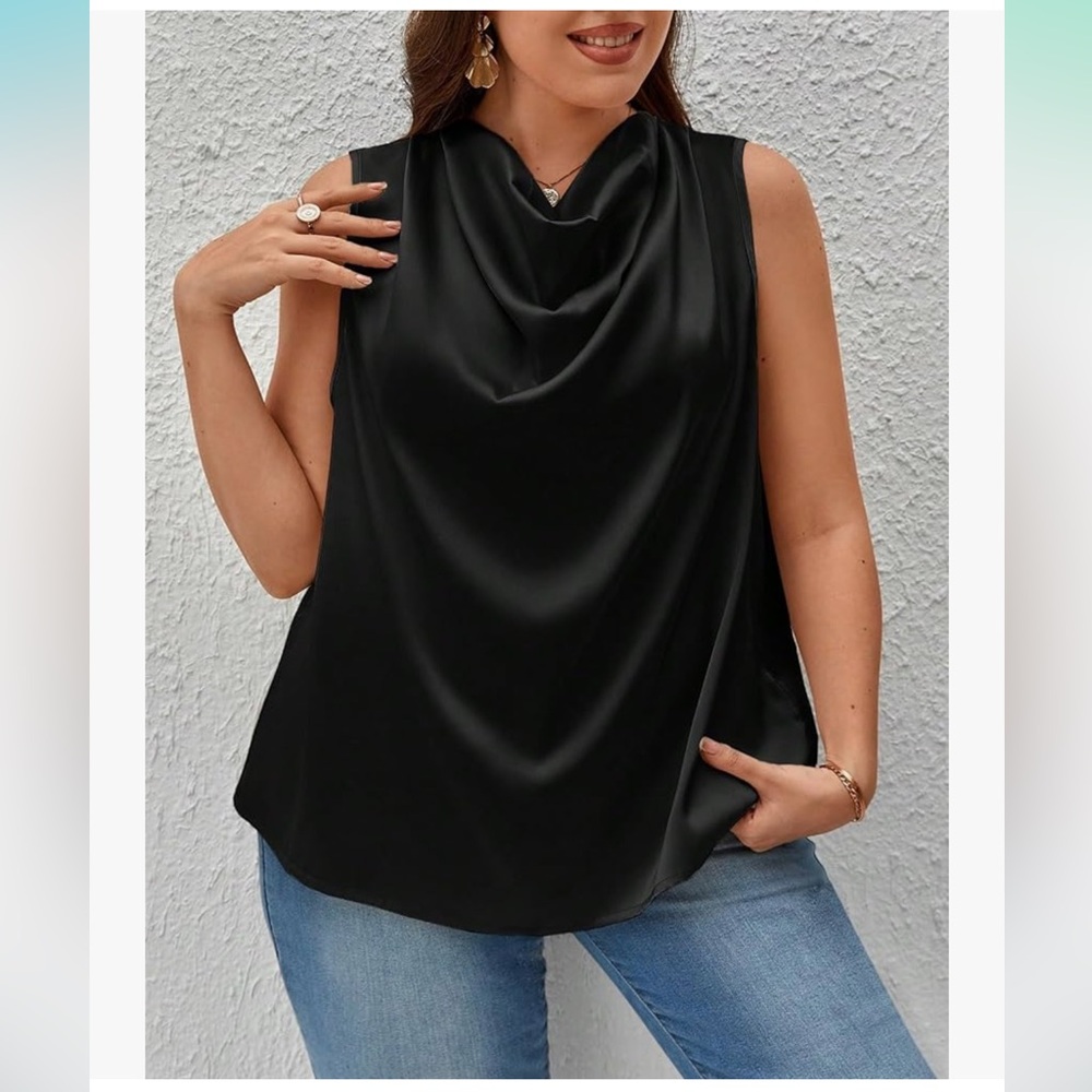 4x / 20 - Plus Size Draped Collar Cowl Neck Top Elegant Satin Sleeveless